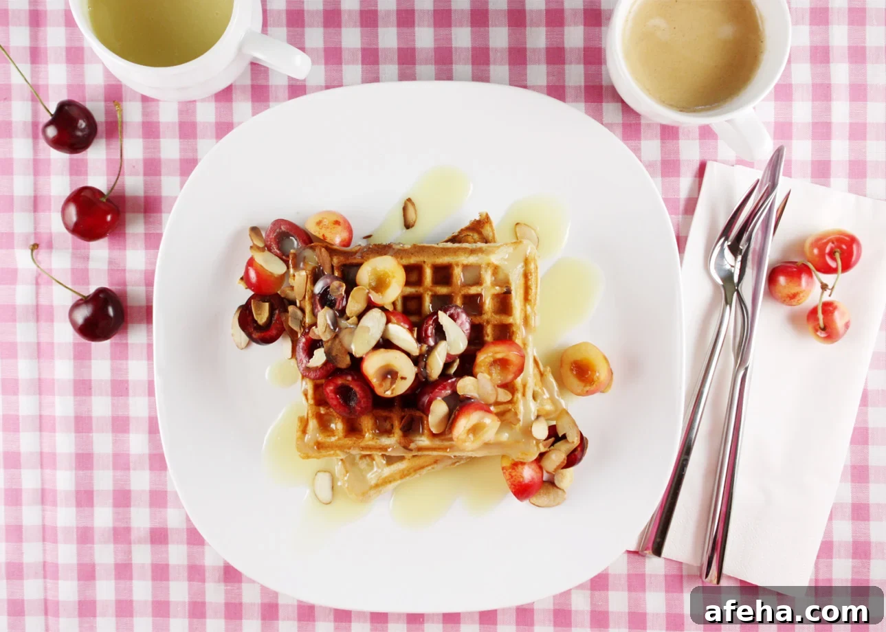 Yogurt and Oat Waffles with Fresh Cherries and White Chocolate Sauce // FoodNouveau.com