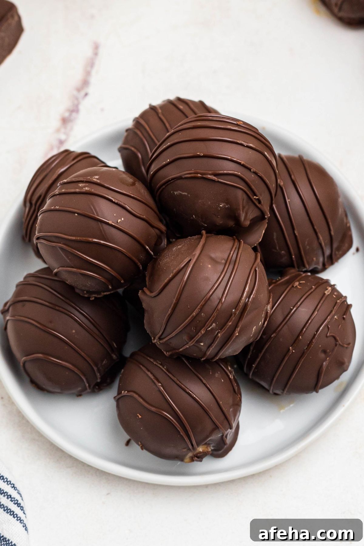 Chocolate coated peanut butter balls, drizzled with chocolate for decoration, on a white plate. 
