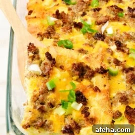 Breakfast casserole in a glass pan.