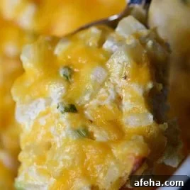 Hashbrown casserole in a baking dish.