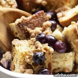 Baked Blueberry French Toast in a white baking dish.