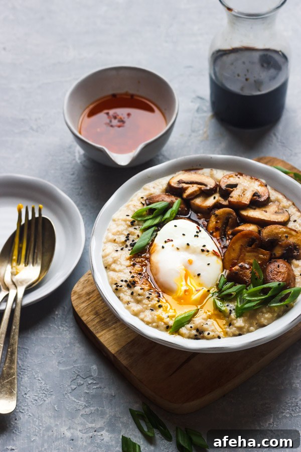 savory oatmeal with poached egg,mushrooms and scallions