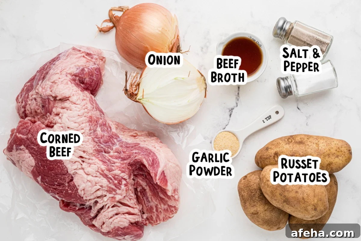 ingredients for corned beef hash on a table.