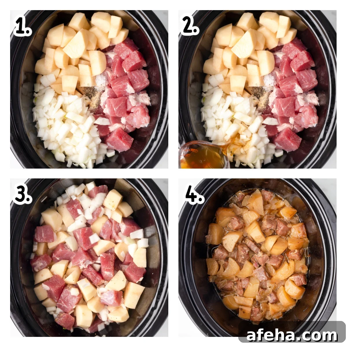 Four images showing how to make corned beef hash in a crockpot.