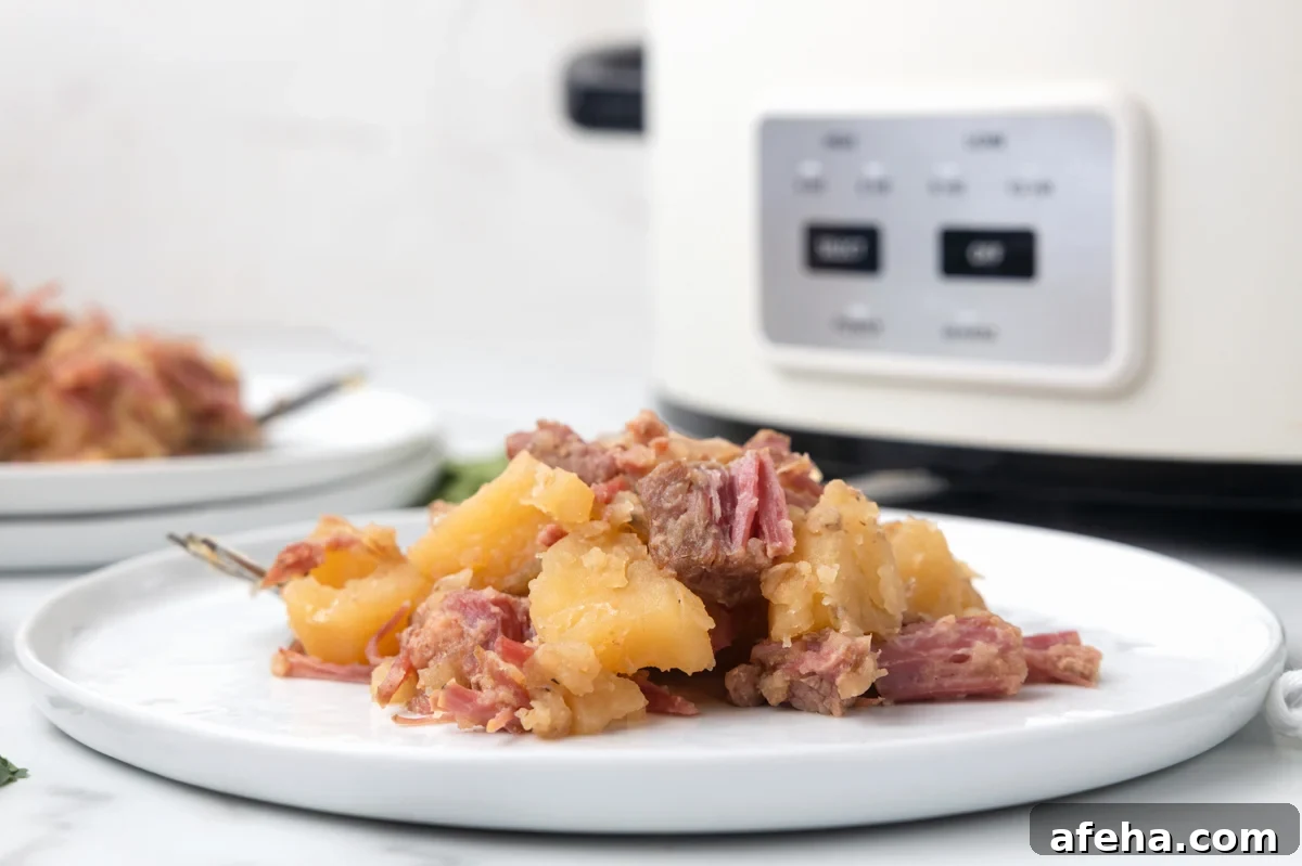 Plate of corned beef and cabbage in front of a slow cooker.