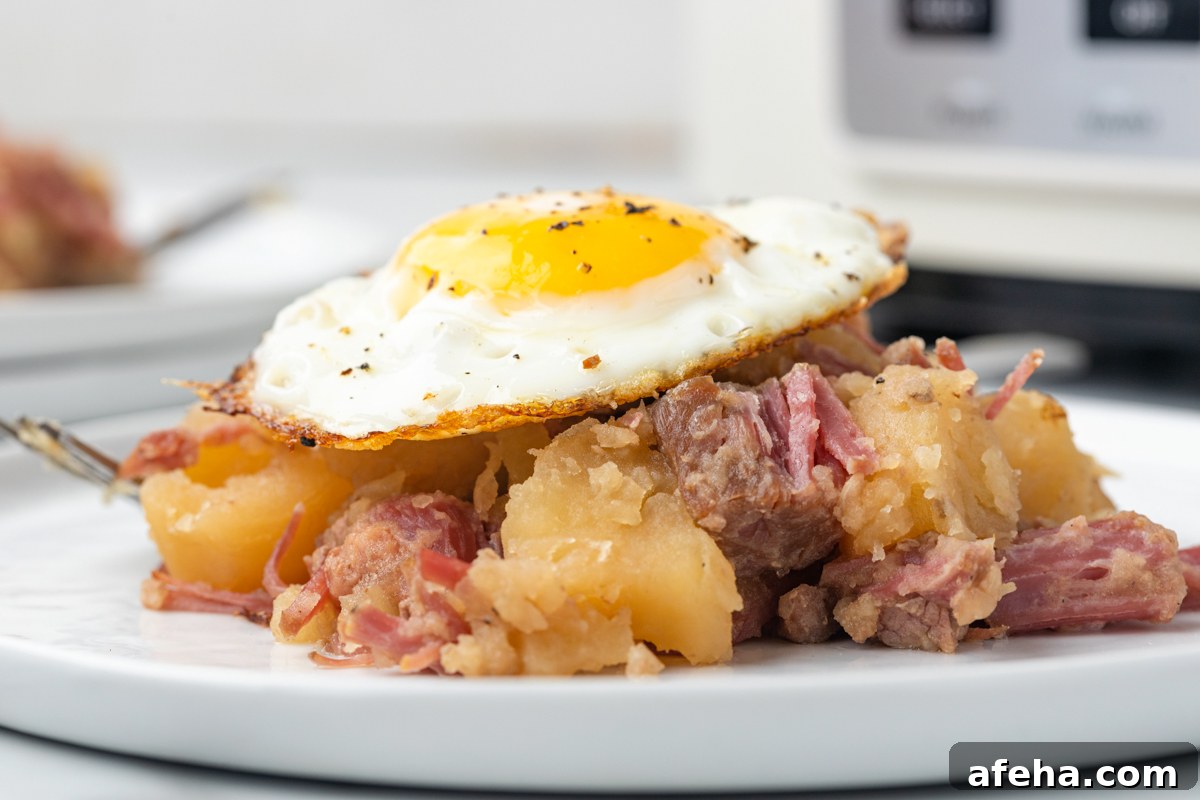 Corned beef and cabbage on a plate with a fried egg on top.