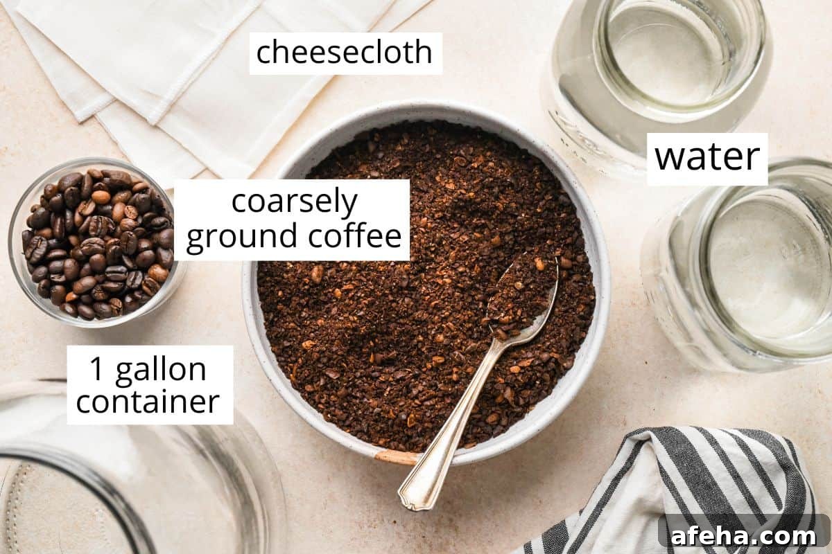 overhead photo of the ingredients and equipment in this Cold Brew Coffee recipe