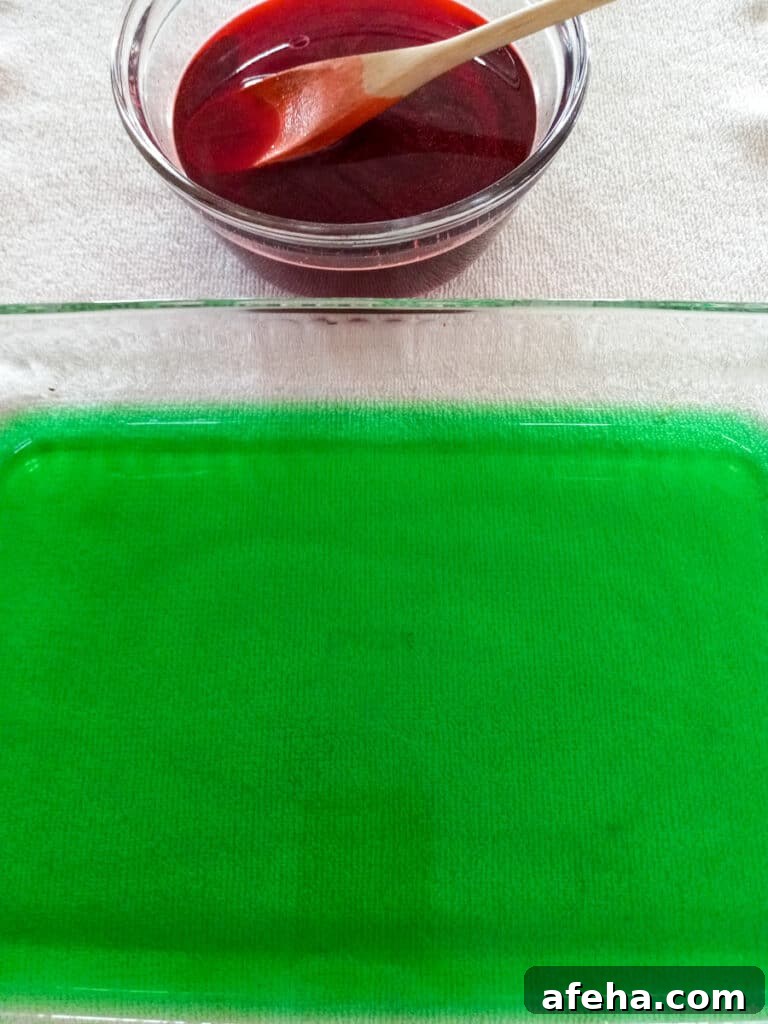 red jello in a bowl, green jello in 9x13" pan.