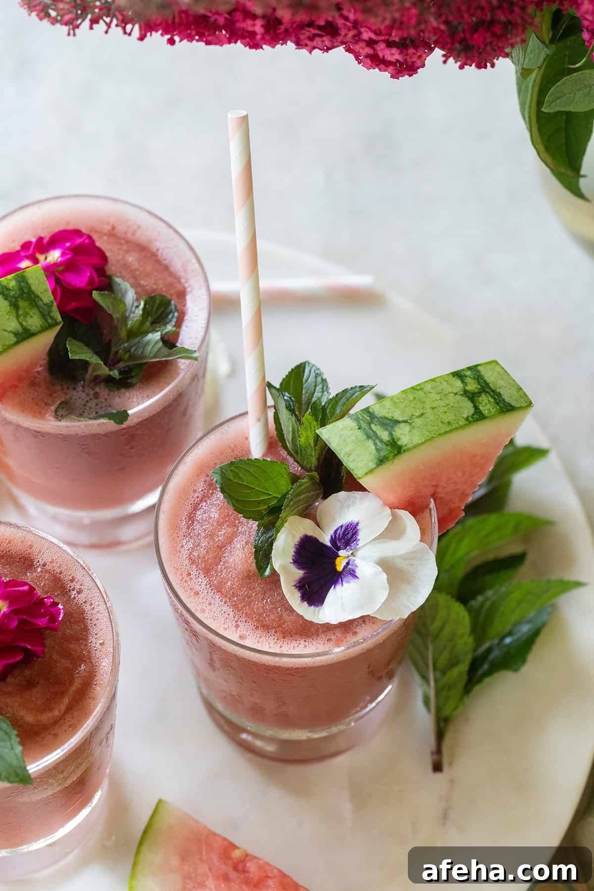 Watermelon Frosé Recipe: Refreshing Summer Rosé Slush 4 Watermelon frosé recipe with cocktail garnishes.