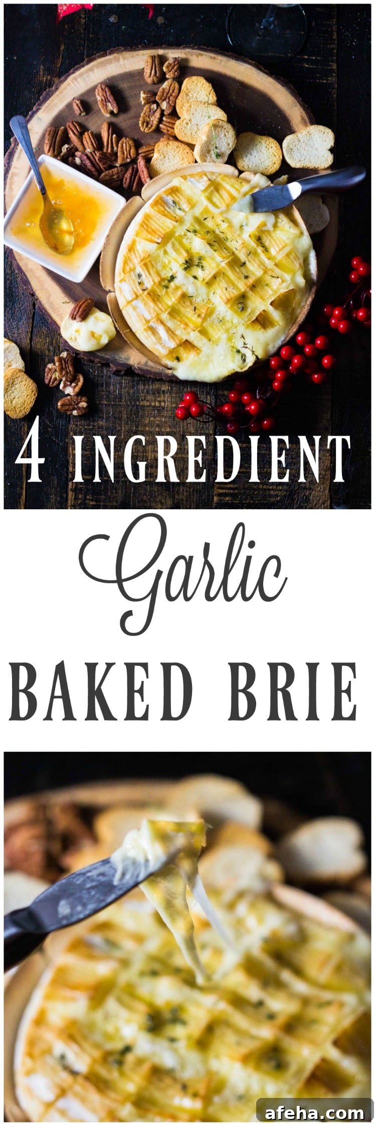 Garlic Baked Brie with 4 Ingredients — 15-Minute Appetizer 14 This gooey garlic baked brie has only 4 ingredients and takes 15 minutes to prepare! It comes out of the oven gooey and cheesy and loaded with rich garlic and herb flavors! This is the ultimate holiday appetizer for any party!