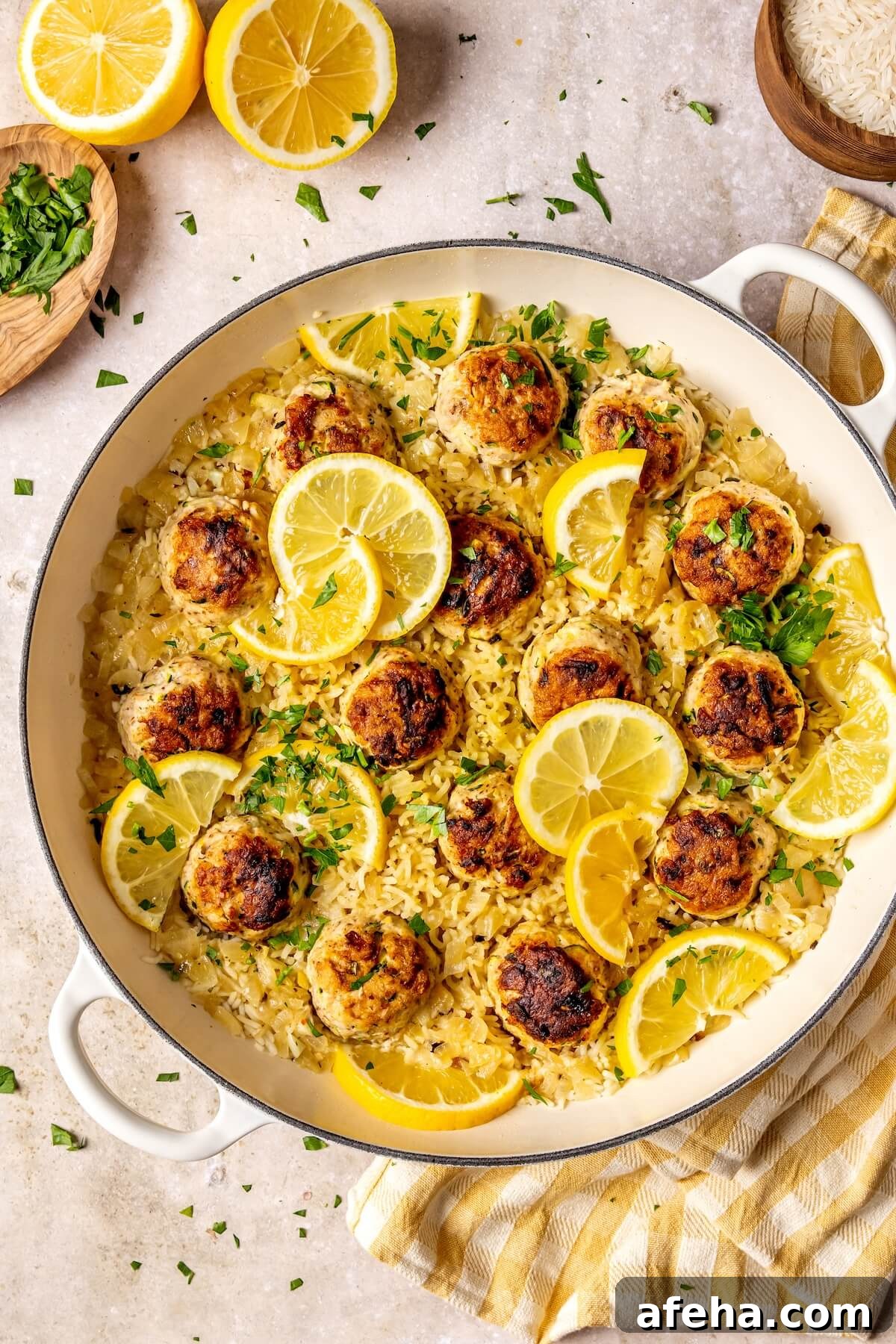 One Pot Lemon Chicken Zucchini Meatballs and Rice - Olivia Adriance