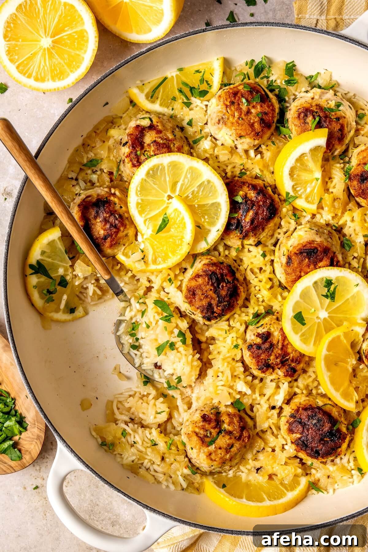 One Pot Lemon Chicken Zucchini Meatballs and Rice - Olivia Adriance