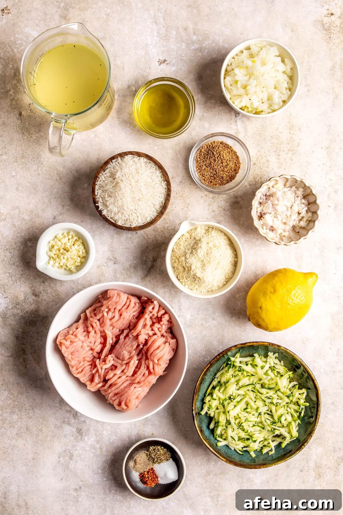 Ingredients for One Pot Lemon Chicken Zucchini Meatballs and Rice - Olivia Adriance