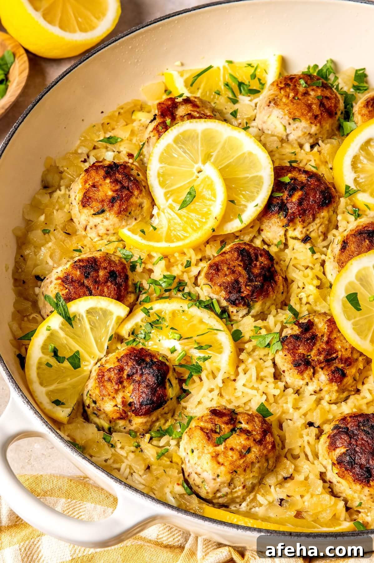 One Pot Lemon Chicken Zucchini Meatballs and Rice - Olivia Adriance