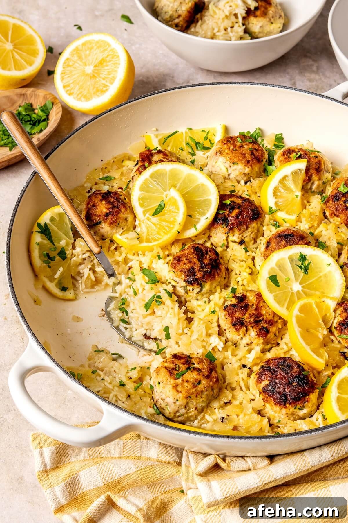 One Pot Lemon Chicken Zucchini Meatballs and Rice - Olivia Adriance