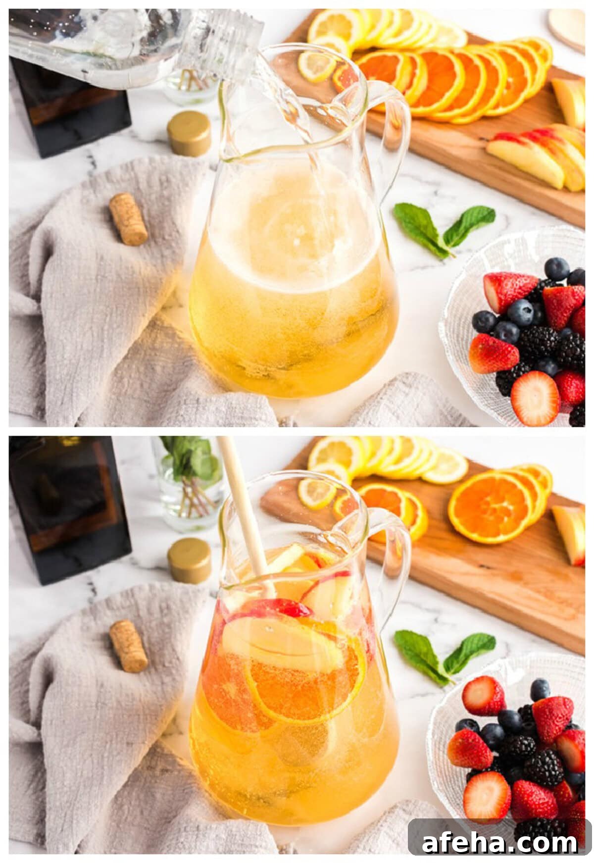 pouring alcohol into a pitcher