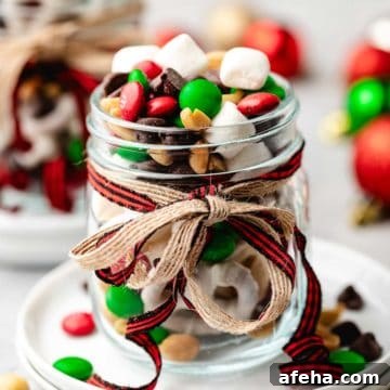 Christmas Trail Mix: Sweet and Salty Holiday Snack Recipe 8 Close up view of a jar of candy and nuts.