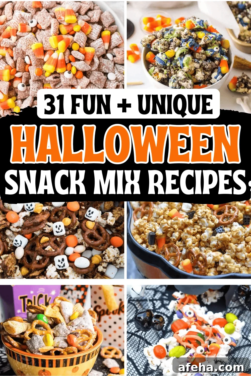 Easy Halloween snack mix recipes! These spooky snack mix ideas are the best sweet and salty no bake party snacks for a crowd. With ingredients like candy corn, popcorn, bugles, white chocolate, these fall chex mix recipes are perfect for kids after school snacks, in treat bags for school party, or movie night snacks. Halloween trail mix snack, healthy gluten free fall snack mixes, halloween snack mix ideas, harvest snack mix for fall, autumn mix, halloween snack mix bar, Halloween themed snacks.