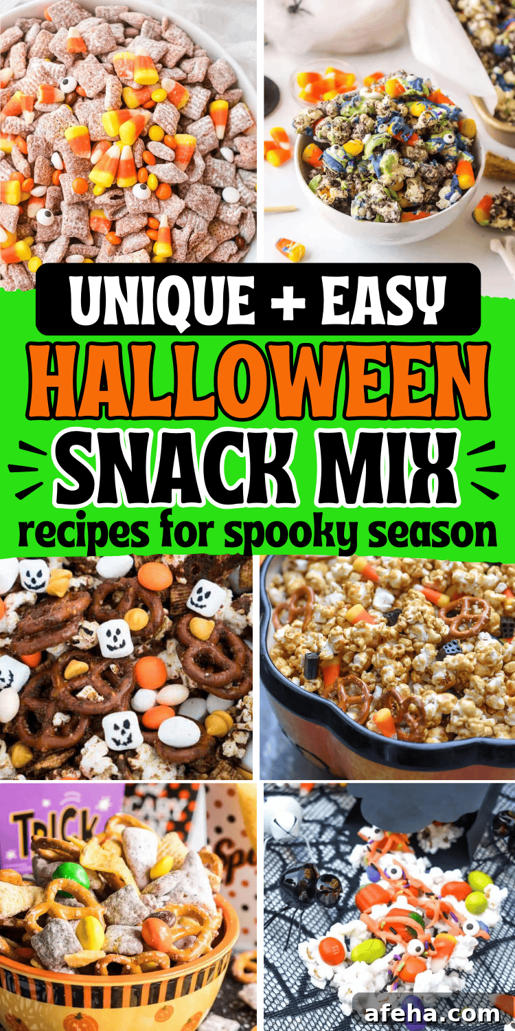 Easy Halloween snack mix recipes! These spooky snack mix ideas are the best sweet and salty no bake party snacks for a crowd. With ingredients like candy corn, popcorn, bugles, white chocolate, these fall chex mix recipes are perfect for kids after school snacks, in treat bags for school party, or movie night snacks. Halloween trail mix snack, healthy gluten free fall snack mixes, halloween snack mix ideas, harvest snack mix for fall, autumn mix, halloween snack mix bar, Halloween themed snacks.