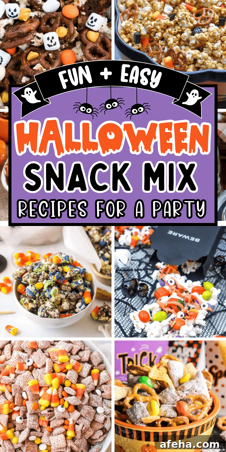 Easy Halloween snack mix recipes! These spooky snack mix ideas are the best sweet and salty no bake party snacks for a crowd. With ingredients like candy corn, popcorn, bugles, white chocolate, these fall chex mix recipes are perfect for kids after school snacks, in treat bags for school party, or movie night snacks. Halloween trail mix snack, healthy gluten free fall snack mixes, halloween snack mix ideas, harvest snack mix for fall, autumn mix, halloween snack mix bar, Halloween themed snacks.