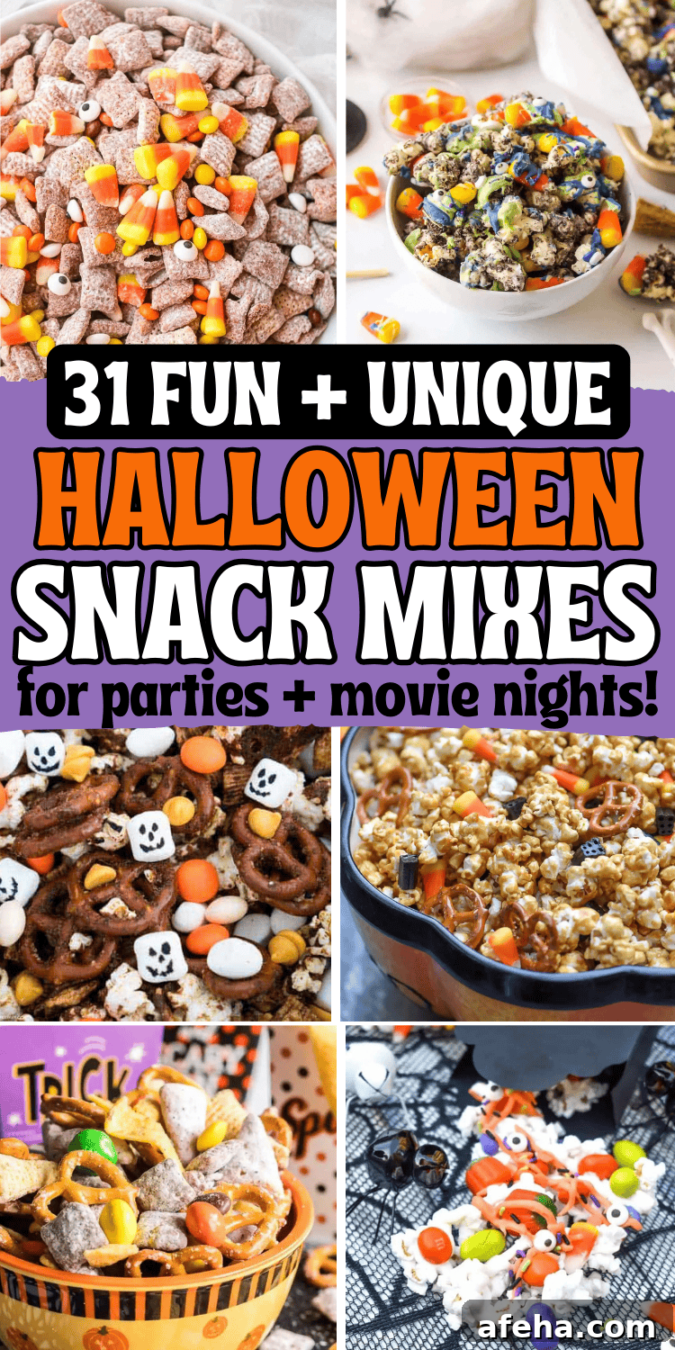 Easy Halloween snack mix recipes! These spooky snack mix ideas are the best sweet and salty no bake party snacks for a crowd. With ingredients like candy corn, popcorn, bugles, white chocolate, these fall chex mix recipes are perfect for kids after school snacks, in treat bags for school party, or movie night snacks. Halloween trail mix snack, healthy gluten free fall snack mixes, halloween snack mix ideas, harvest snack mix for fall, autumn mix, halloween snack mix bar, Halloween themed snacks.