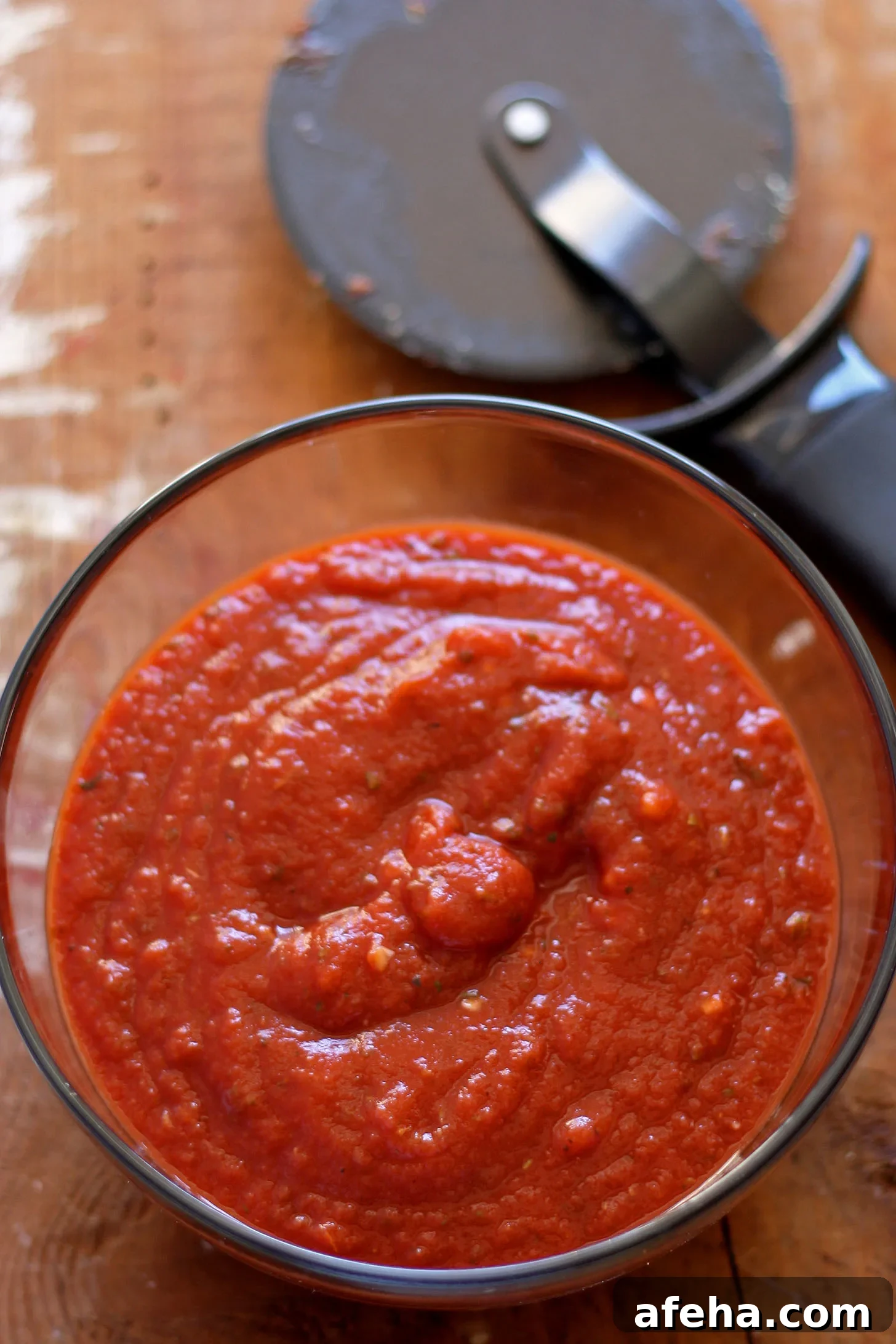 overhead photo of a bowl of homemade pizza sauce with a pizza cutter in the background