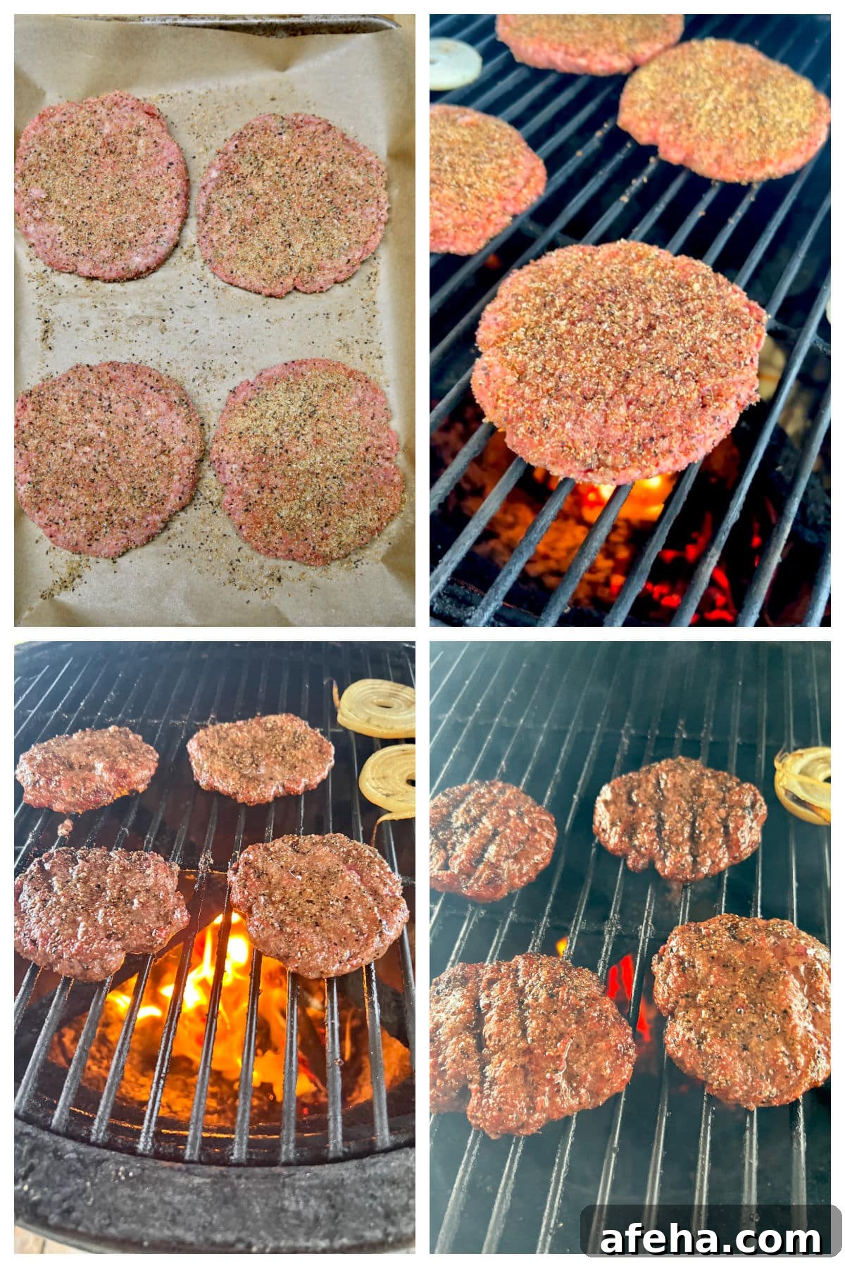 Collage grilling burger patties.