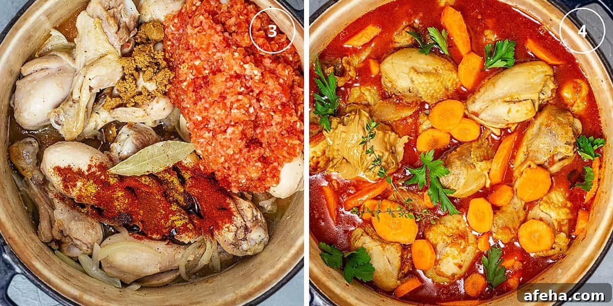Two photo image with chicken and tomato sauce in a pot and a pot with finished peanut soup.