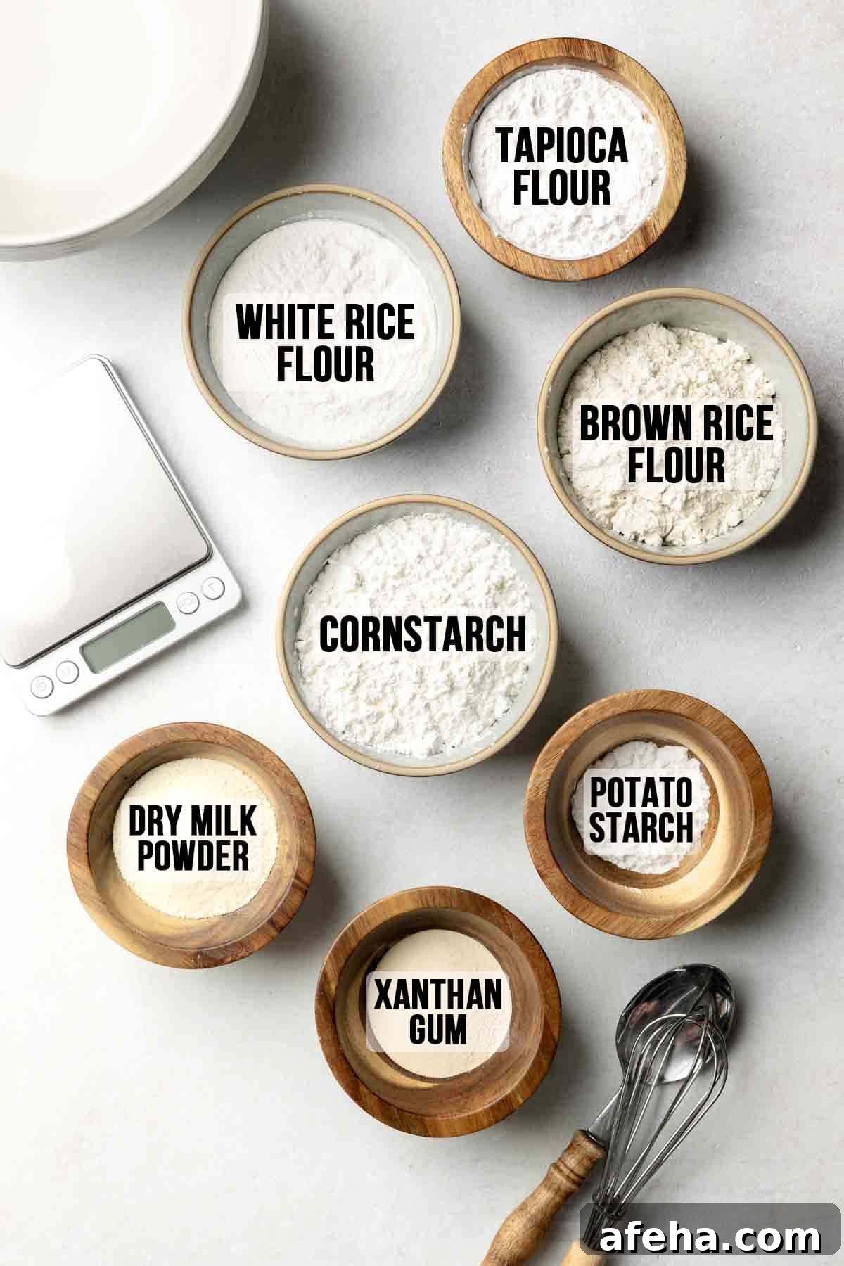 Ingredients for the original Cup4Cup gluten free flour blend measured out in bowls. 