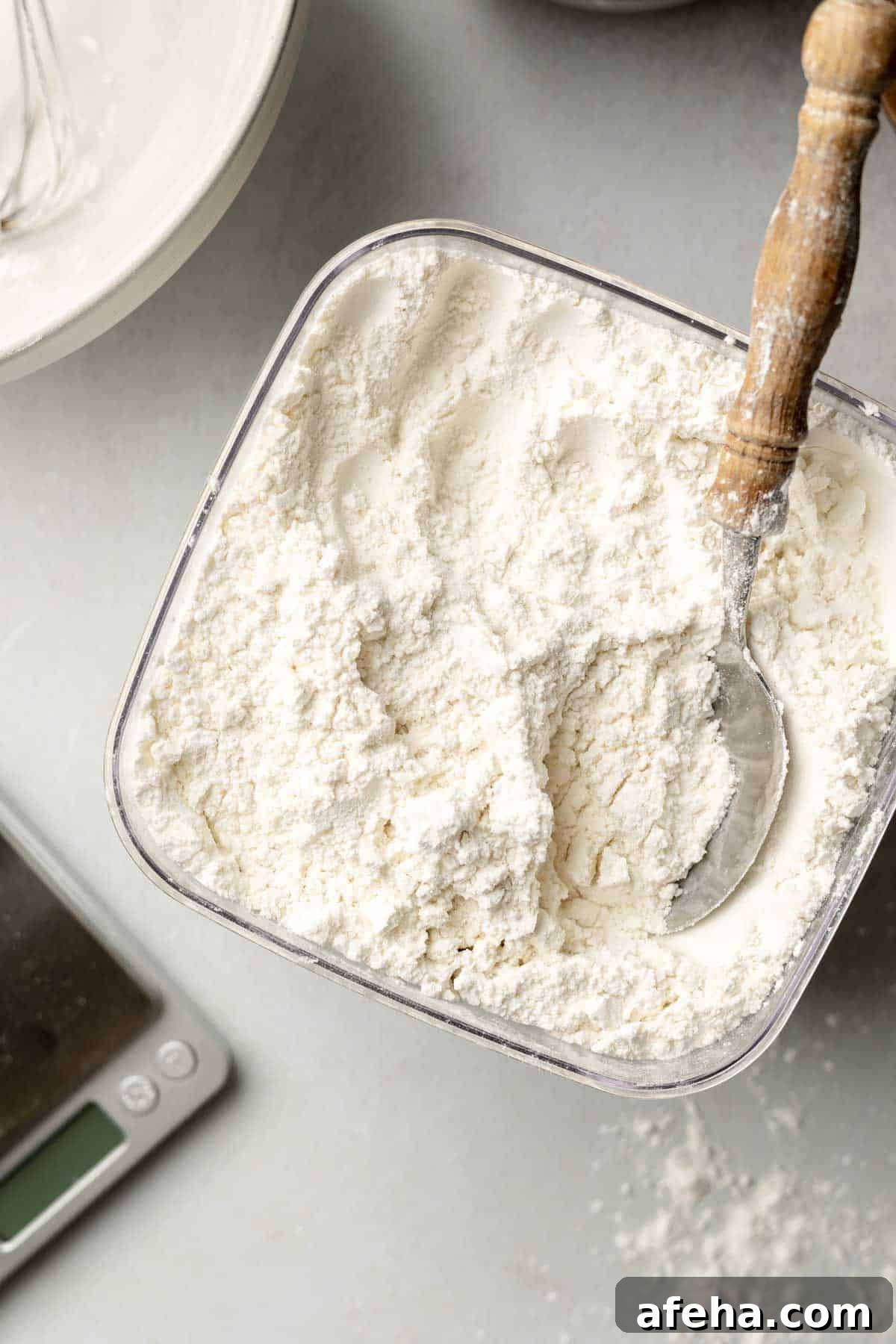 Flour bin filled with cup4cup original multipurpose gluten-free flour blend and wooden spoon handle sticking out.