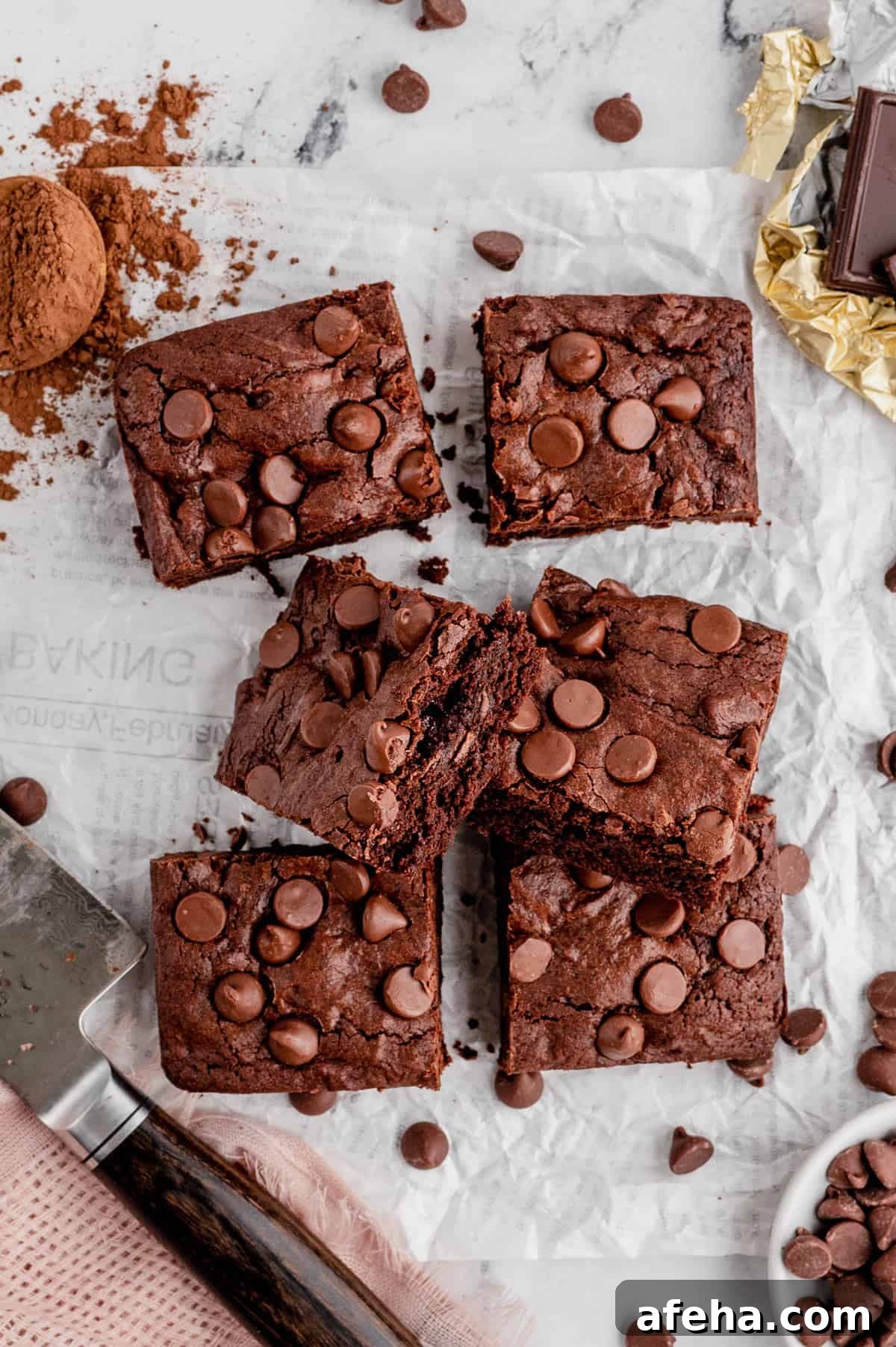 Overhead view of brownies cut into six pieces.