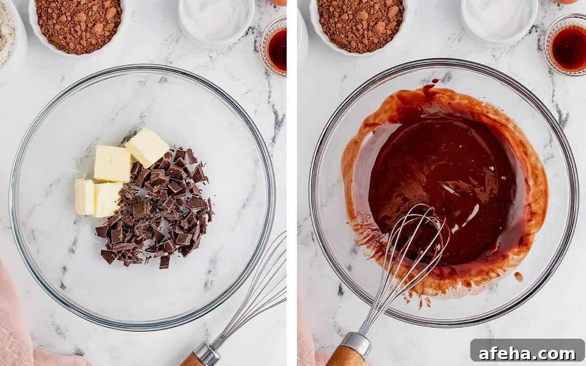 Set of two photos showing chocolate melted and mixed.