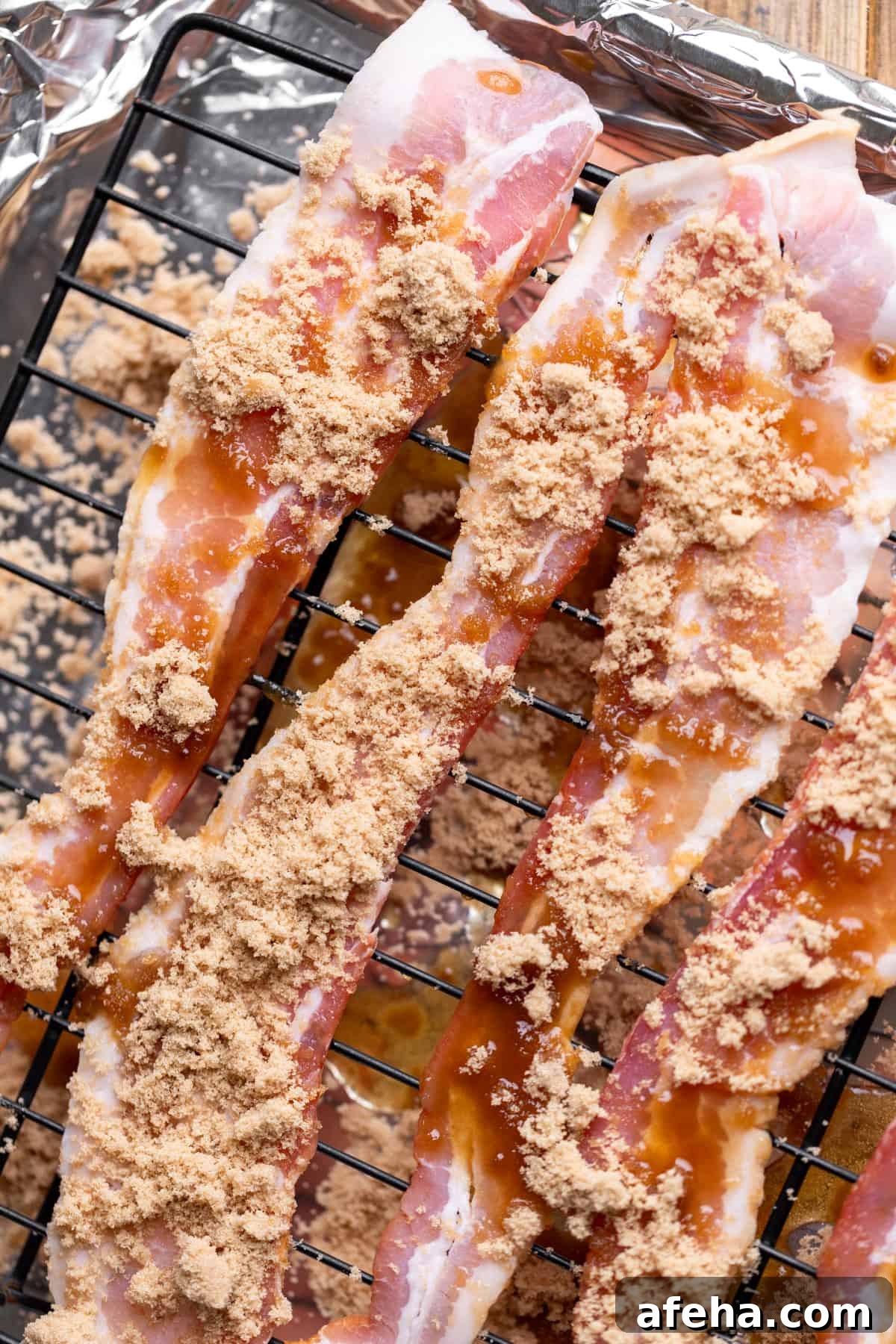 Raw bacon on a cookie sheet.