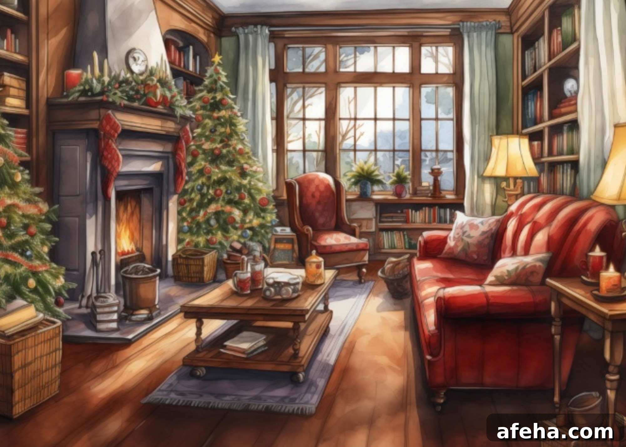 cozy christmas living room watercolor wall art.