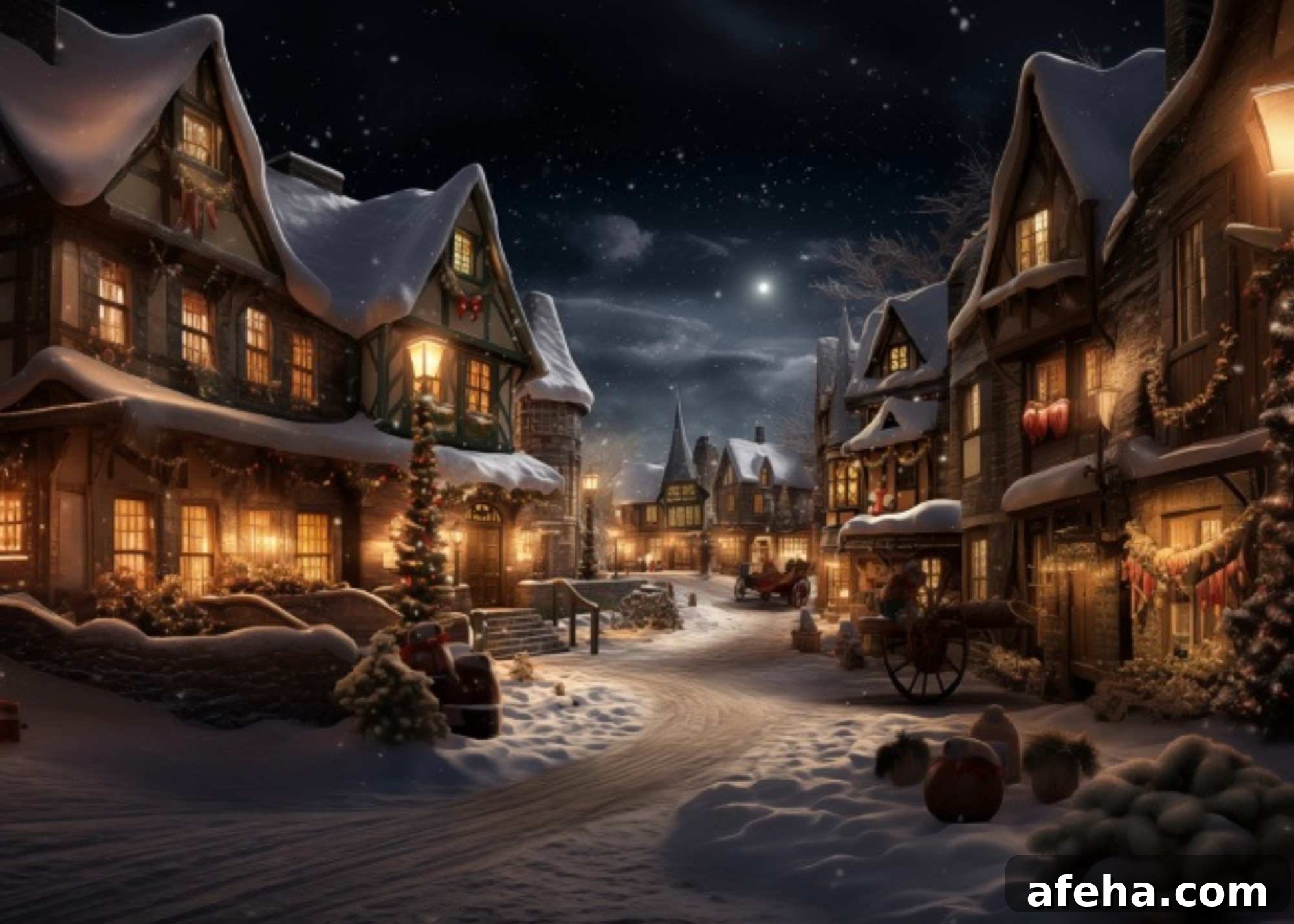 snowy christmas village at night.