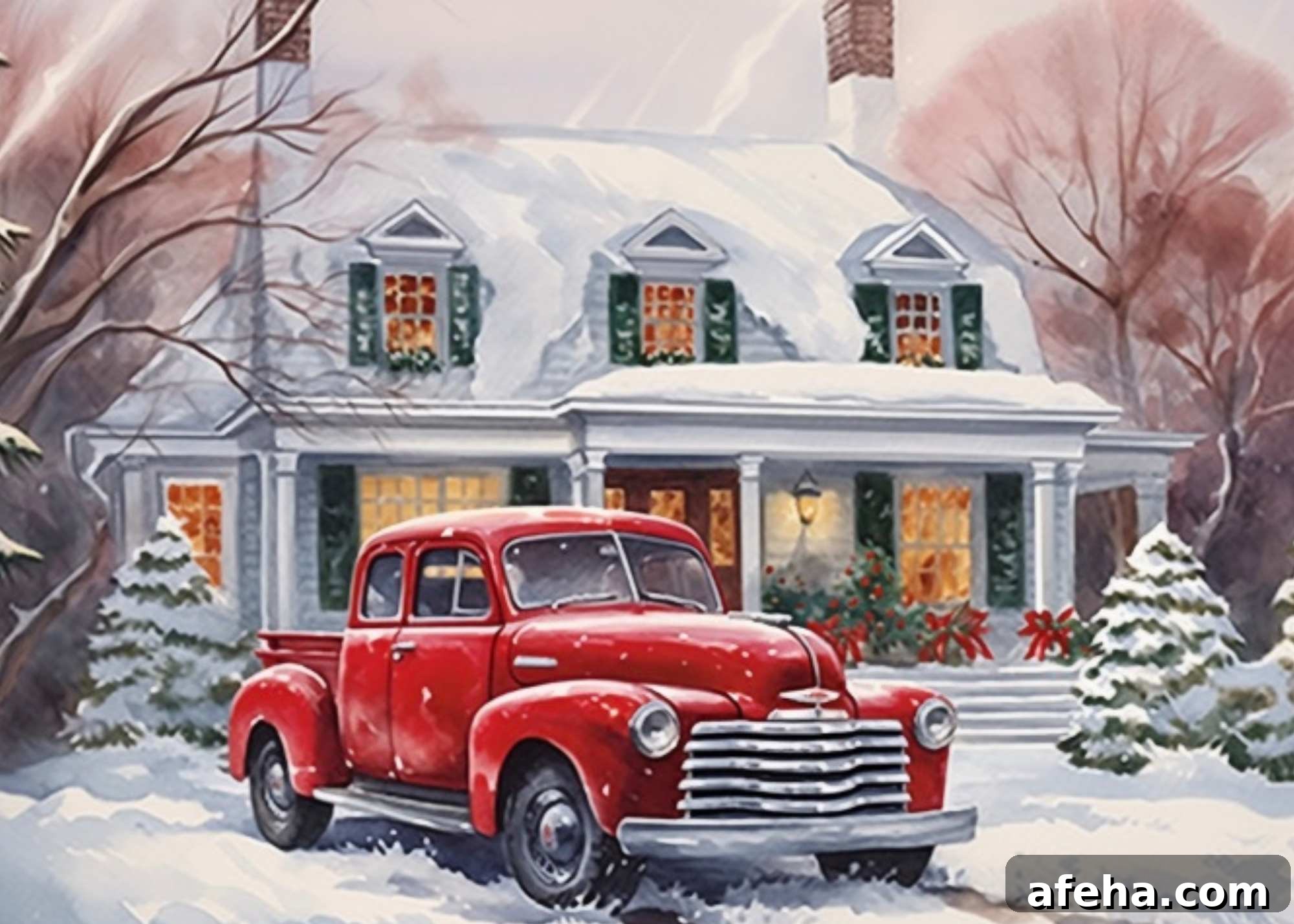 white house with red truck in front.