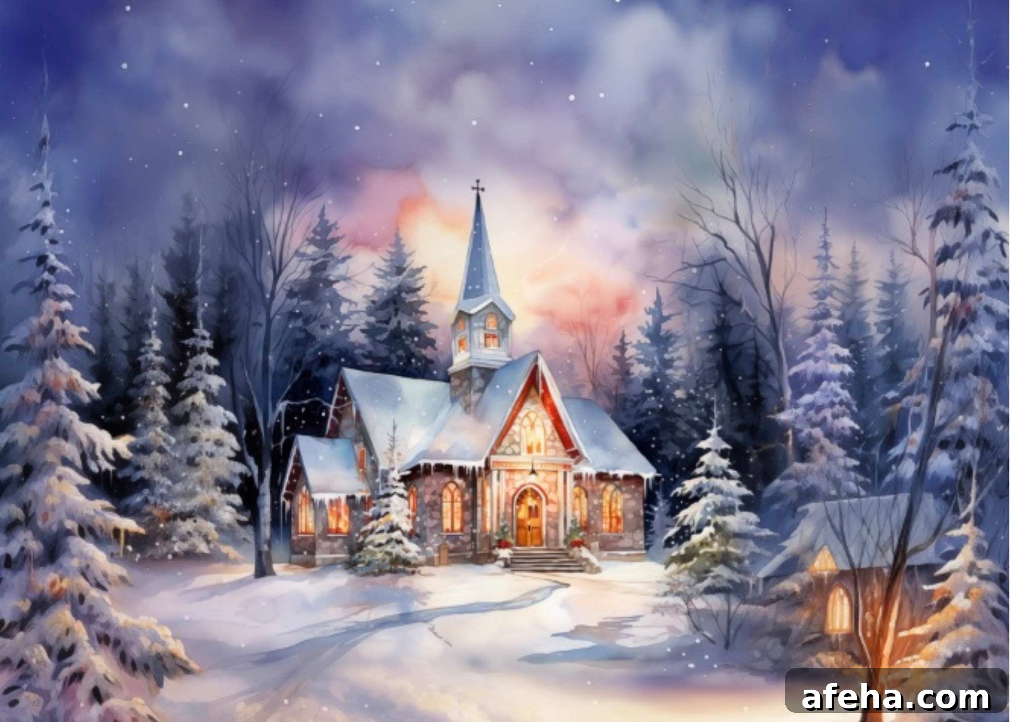 stone church watercolor on snowy night.