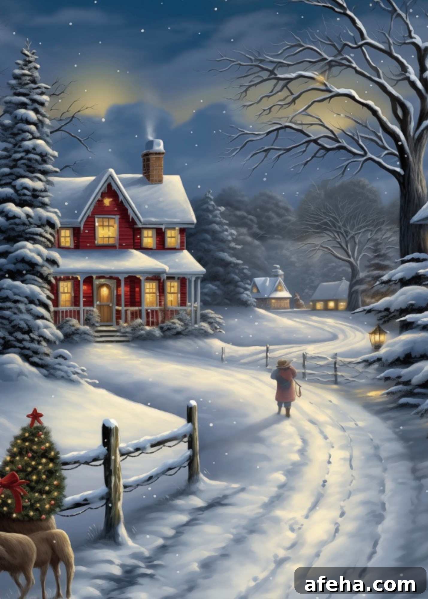 red farmhouse on snowy night.