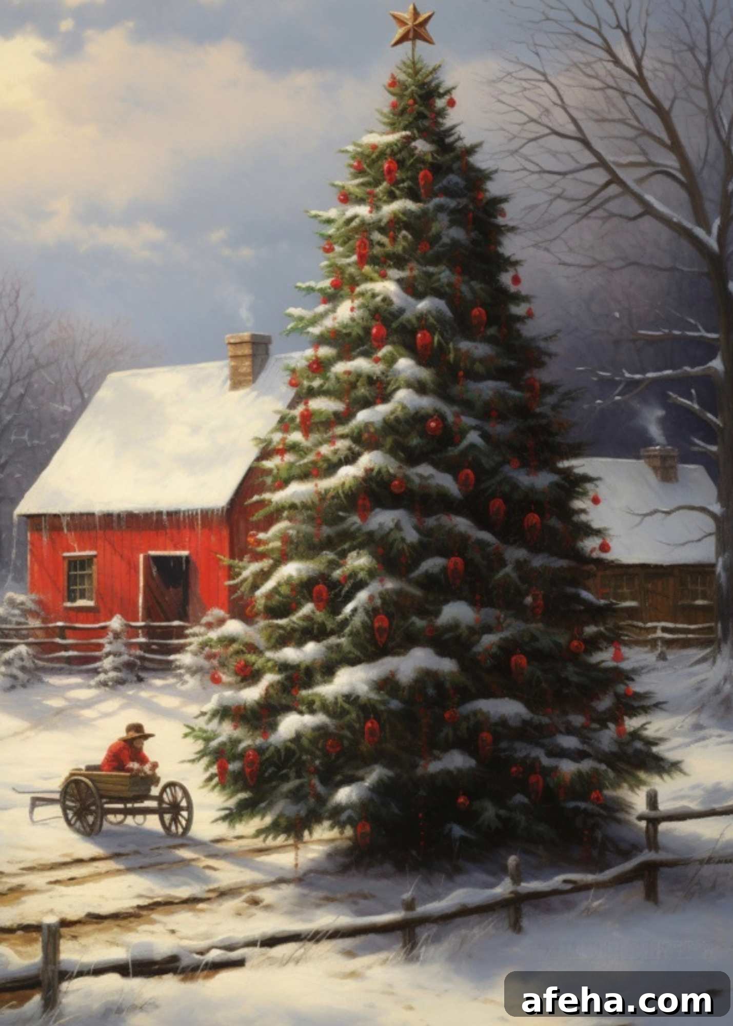 red barn with live christmas tree in front.