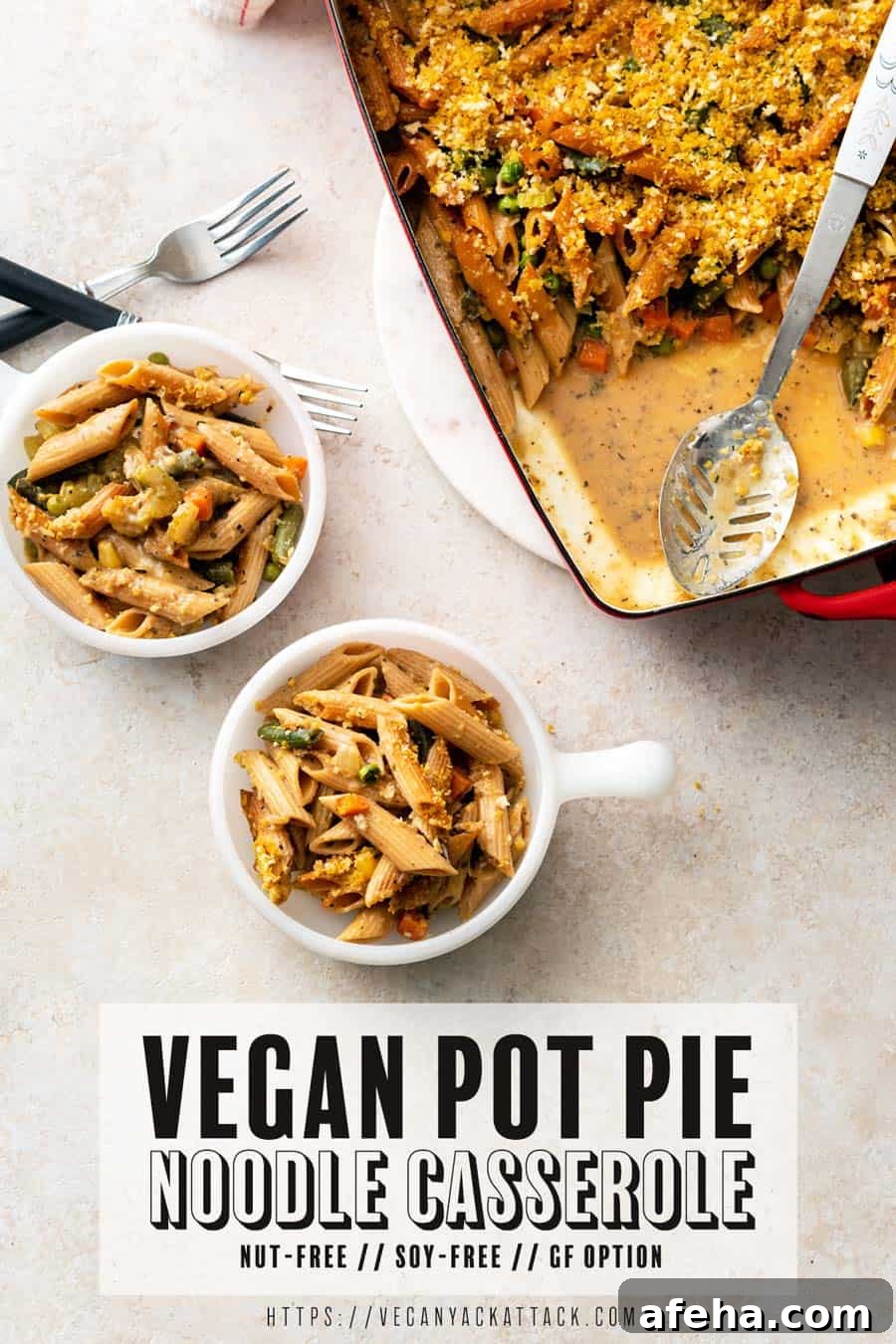 A photo of two bowls filled with vegan noodle casserole, next to a casserole dish, with text reading 'vegan potpie noodle casserole.'