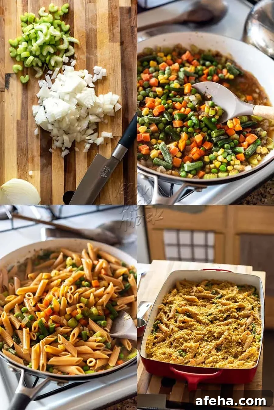 Top left: image of diced onion and celery. Top right: image of cooking veggies in pan, bottom left: image of finished noodle potpie filling, bottom right: image of casserole before baking.