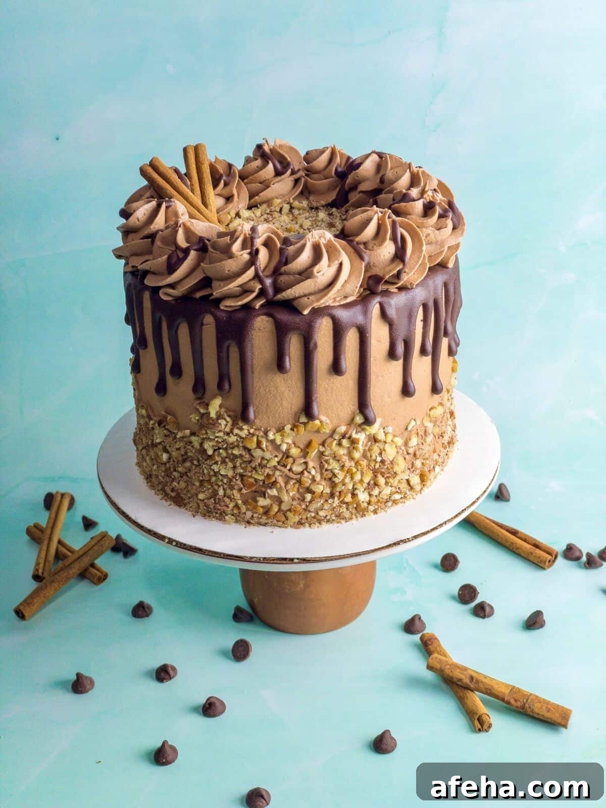 uncut chocolate cinnamon drip cake with pecans and ganache drizzle