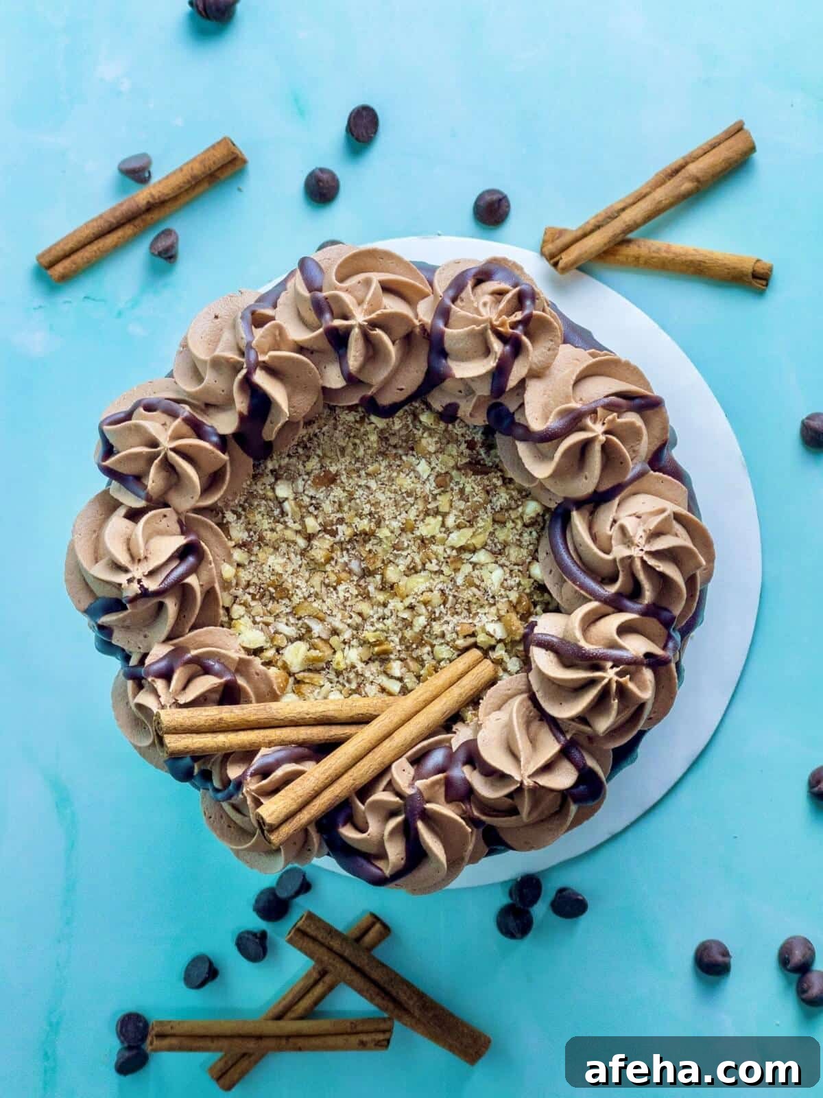 overhead shot of chocolate cinnamon cake with pecans and cinnamon sticks