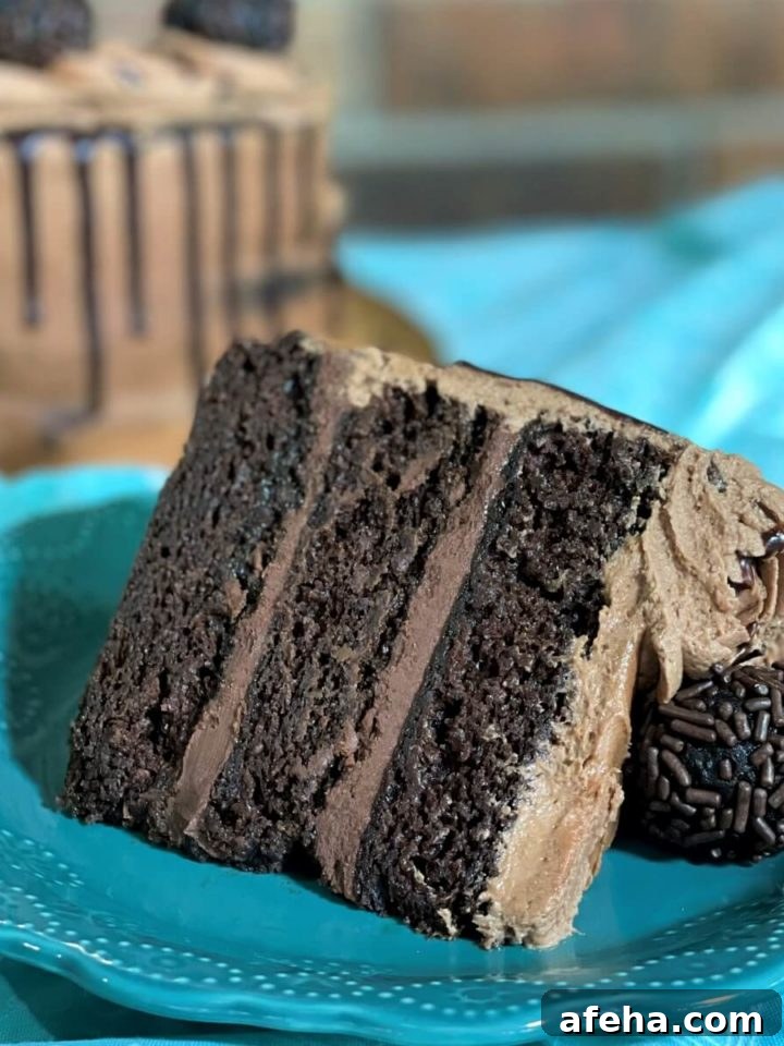 slice of fudgy triple chocolate ganache cake