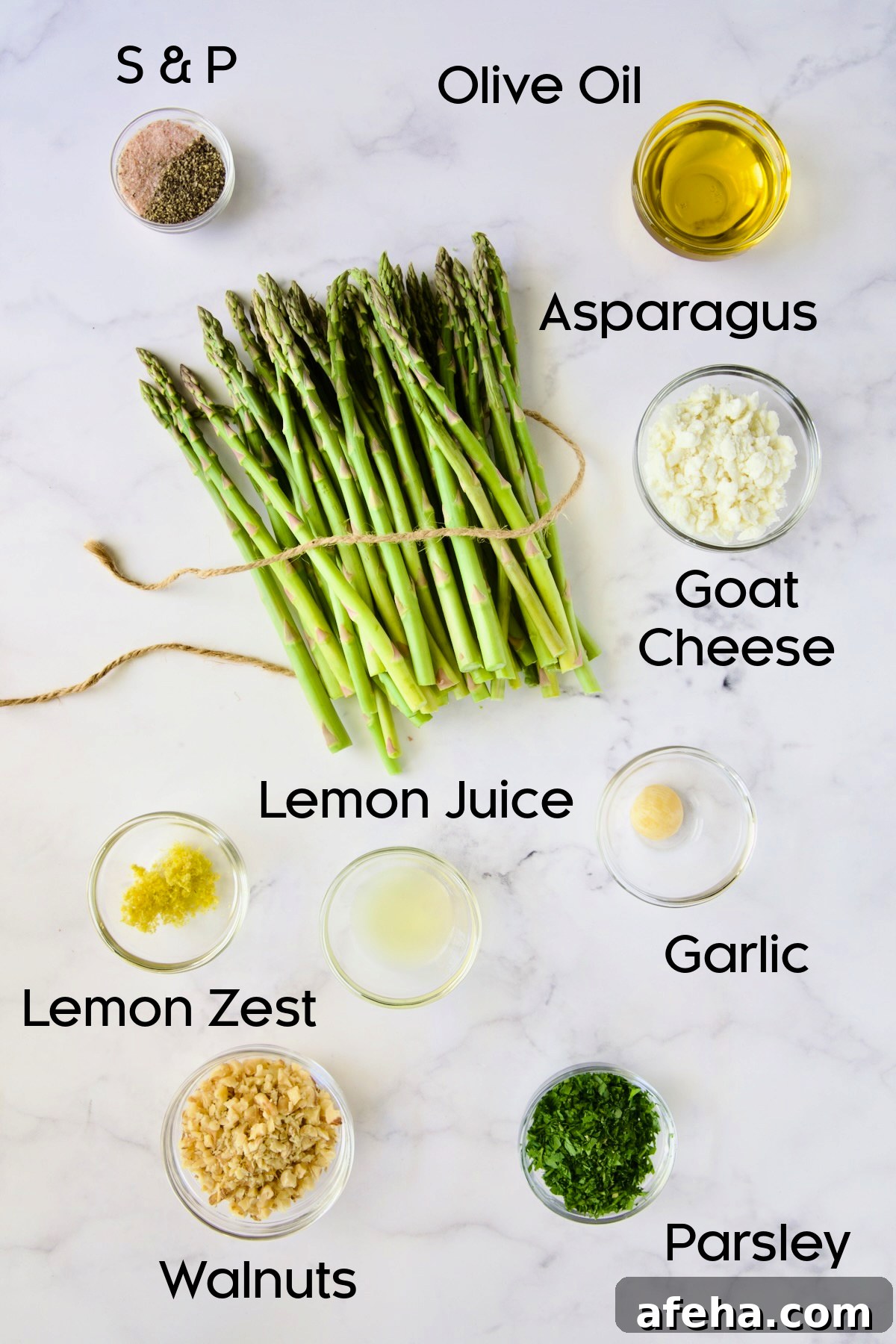 Ingredients for Roasted Asparagus with Walnut Lemon Gremolata and Goat Cheese in glass bowls.